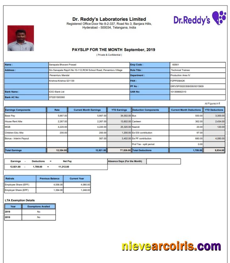 Dr. Reddy's Laboratories Limited pay stub